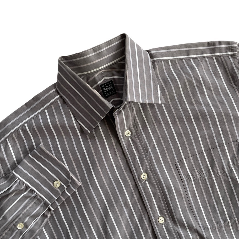 Ike Behar Gray White Stripe Button Up Dress Shirt 15.5 34